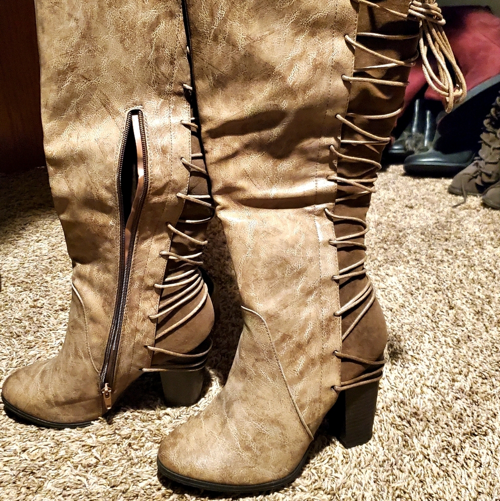Tan and Brown Chunk Heel Boots